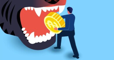 Image of a cartoon tiger with a business man putting a coin in its mouth