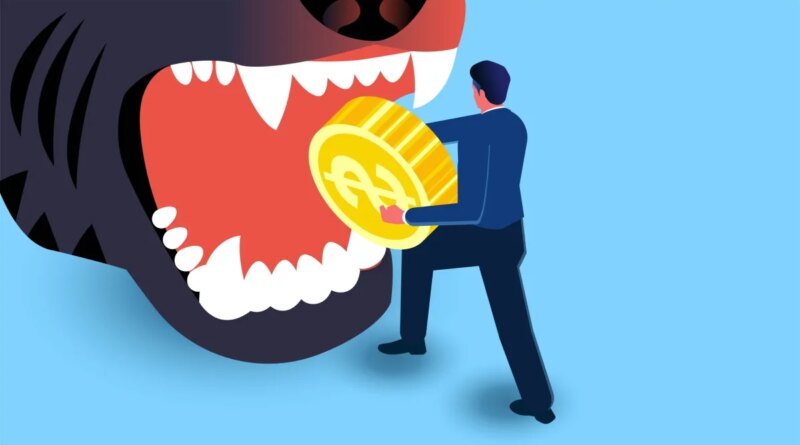 Image of a cartoon tiger with a business man putting a coin in its mouth