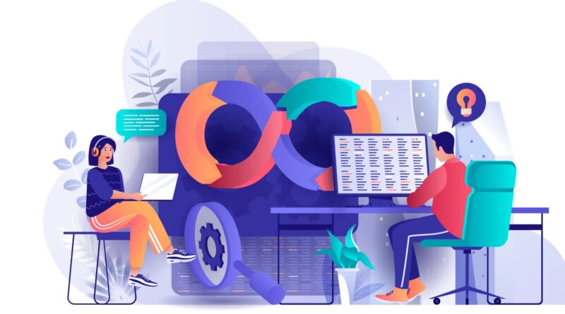 DevOps concept in flat design. Development operations scene template. Team of programmer working at laptop, coding, testing, engineering process. Vector illustration of people characters activities