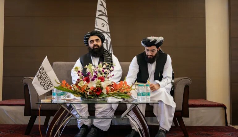 NEW DELHI, INDIA - OCTOBER 12: Afghanistan's Taliban Foreign Minister, Amir Khan Muttaqi, adresses media at a press conference on October 12, 2025 in New Delhi, India. During Muttaqi's media interaction earlier this week, the Taliban leader had come under fire for discriminatory behaviour for “not allowing” women journalists. (Photo by Elke Scholiers/Getty Images)
