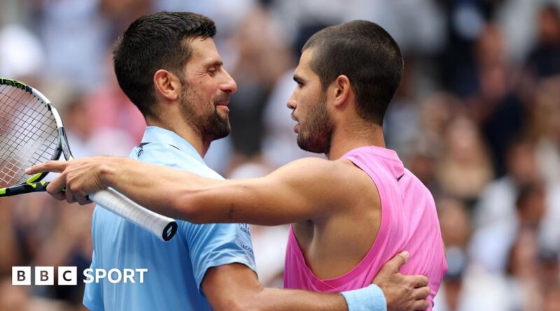 Novak Djokovic and Carlos Alcaraz embrace after their 2025 US Open quarter-final