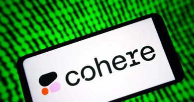 Image of a phone with Cohere's logo on it with a green digital background.