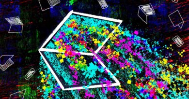 an illustration of data spilling out of a laptop screen surrounded by patterns of laptops and other devices on a darkened background