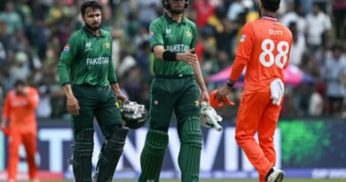 Pakistan's Shaheen Shah Afridi (C) and Faheem Ashraf (L) are congratulated by Netherlands' Aryan Dutt for their team's win at the end of the 2026 ICC Men's T20 Cricket World Cup group stage match