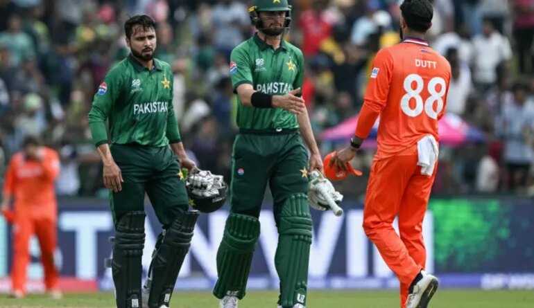 Pakistan's Shaheen Shah Afridi (C) and Faheem Ashraf (L) are congratulated by Netherlands' Aryan Dutt for their team's win at the end of the 2026 ICC Men's T20 Cricket World Cup group stage match
