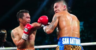 Jul 19, 2025; Las Vegas, Nevada, USA; Manny Pacquiao fights Mario Barrios at MGM Grand Garden Arena. Mandatory Credit: Stephen R. Sylvanie-Imagn Images