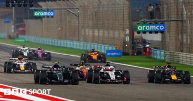 Mercedes' Kimi Antonelli leading cars from the Haas, Red Bull, Ferrari, Racing Bulls, McLaren, Alpine and Cadillac teams in pre-season F1 testing in Bahrain