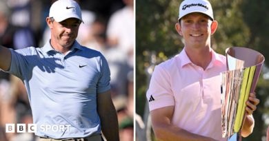 Rory McIlroy celebrates and Jacob Bridgeman holds the trophy at the Genesis Invitational