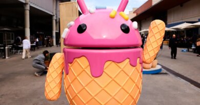 The Google Android logo and mascot, known as Bugdroid by the community, is being displayed as a statue resembling a strawberry ice-cream cone on Android Avenue at the Mobile World Congress 2024 in Barcelona, Spain, on March 25, 2024.