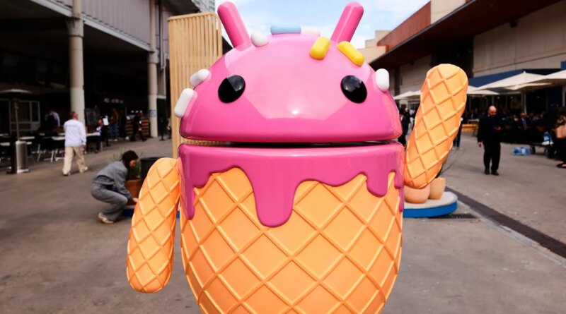 The Google Android logo and mascot, known as Bugdroid by the community, is being displayed as a statue resembling a strawberry ice-cream cone on Android Avenue at the Mobile World Congress 2024 in Barcelona, Spain, on March 25, 2024.