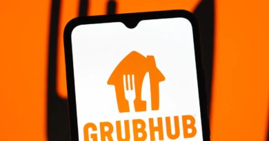 In this photo illustration, the GrubHub logo is seen displayed on a smartphone screen.
