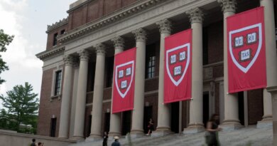 People walk past the Harry Elkins Widener Memorial Library on Harvard's campus on June 5, 2025.