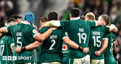 Image showing a split screen of France v Ireland and an advert for a mobile phone