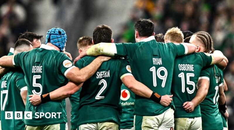 Image showing a split screen of France v Ireland and an advert for a mobile phone