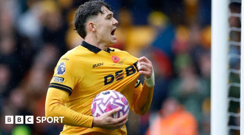 Wolves forward Jorgen Strand Larsen celebrates scoring in the Premier League