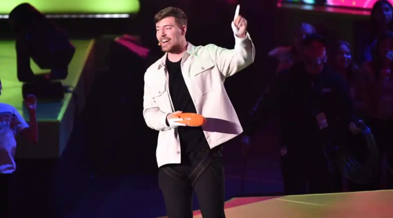 MrBeast speaks onstage during the 2023 Nickelodeon Kids' Choice Awards at Microsoft Theater in LA