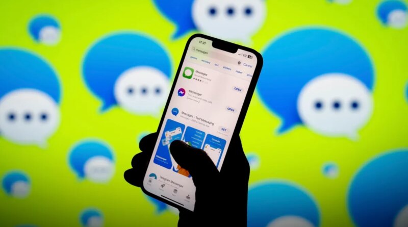 Apple iMessage app and logo are seen in this photo illustration