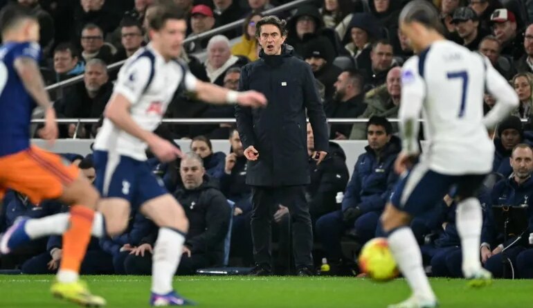 Tottenham Hotspur's Danish head coach Thomas Frank reacts during the English Premier League football match between Tottenham Hotspur and Newcastle United at the Tottenham Hotspur Stadium in London, on February 10, 2026. (Photo by Glyn KIRK / AFP) / RESTRICTED TO EDITORIAL USE. NO USE WITH UNAUTHORIZED AUDIO, VIDEO, DATA, FIXTURE LISTS, CLUB/LEAGUE LOGOS OR 'LIVE' SERVICES. ONLINE IN-MATCH USE LIMITED TO 120 IMAGES. AN ADDITIONAL 40 IMAGES MAY BE USED IN EXTRA TIME. NO VIDEO EMULATION. SOCIAL MEDIA IN-MATCH USE LIMITED TO 120 IMAGES. AN ADDITIONAL 40 IMAGES MAY BE USED IN EXTRA TIME. NO USE IN BETTING PUBLICATIONS, GAMES OR SINGLE CLUB/LEAGUE/PLAYER PUBLICATIONS. /
