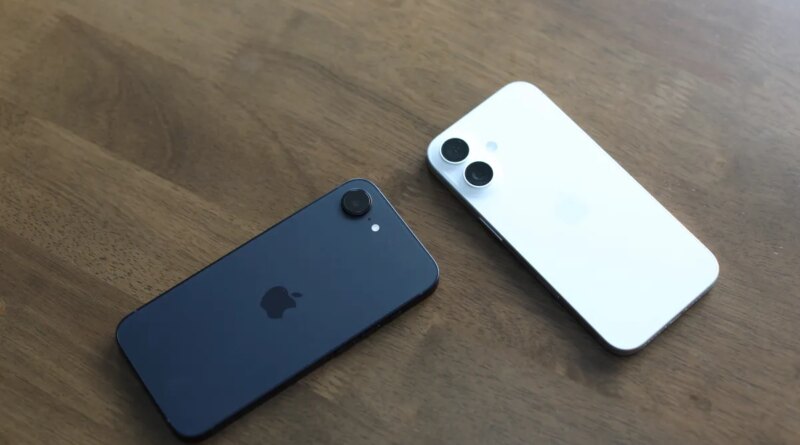 Two Apple iPhone 16e units splayed on table