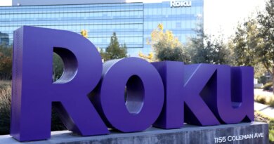 Roku's company logo is seen in front of Roku headquarters