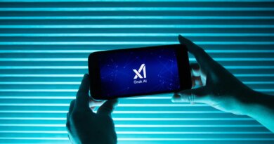 A person holds a telephone displaying the logo of Elon Musk s artificial intelligence grok in front of a background lit by a blue light.
