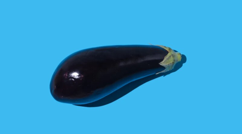 Raw eggplant with hard shadow on blue background.