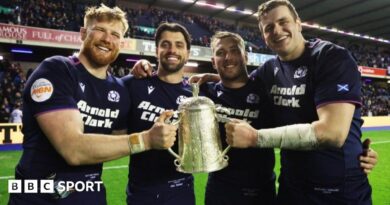 France's Antoine Dupont lifts the 2025 Six Nations trophy surrounded by team-mates