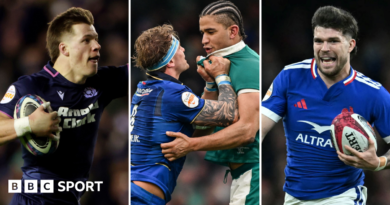 Huw Jones, Cormac Izuchukwu and Matthieu Jalibert side by side in a composite image