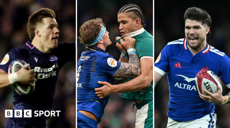 Huw Jones, Cormac Izuchukwu and Matthieu Jalibert side by side in a composite image