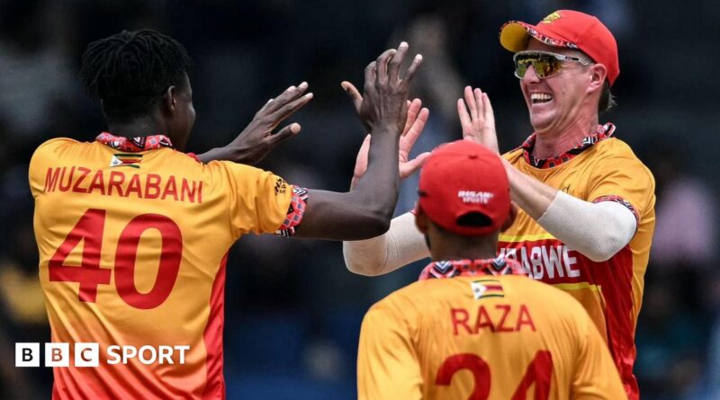 Zimbabwe's Blessing Muzarabani celebrates taking the wicket of Australia's Josh Inglis with his team-mates