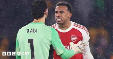Arsenal keeper David Raya and defender Gabriel in a heated exchange after their misunderstanding led to Wolves securing a late equaliser.