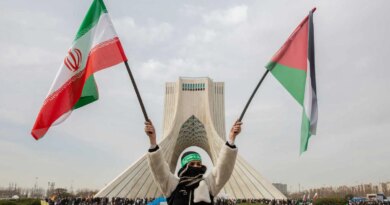 A person with a covered face and green headband with visible text raises two flags. A monument and large crowd are in the background.