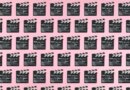 Wooden old movie clapperboard pattern with hard shadow on pink background. Concept of film industry, cinema, entertainment, and Hollywood.