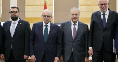 Syrian Justice Minister of the caretaker government Mazhar Al Wais (L), Lebanese Prime Minister Nawaf Salam (2-L), Lebanese Deputy Prime Minister Tarek Mitri (2-R), and Lebanese Justice Minister Adel Nassar (R) pose for a photograph before the signing of a historic judicial agreement at the Government Palace in Beirut, Lebanon, 06 February 2026. Lebanon and Syria signed a historic judicial agreement allowing convicted inmates to be transferred from the country where their sentence was issued to their country of nationality. This marks a significant step in judicial cooperation between the two neighbors. The agreement applies to hundreds of Syrian detainees currently held in Lebanese prisons, with the initial implementation set to transfer approximately 300 Syrian prisoners to Syria. EPA/WAEL HAMZEH