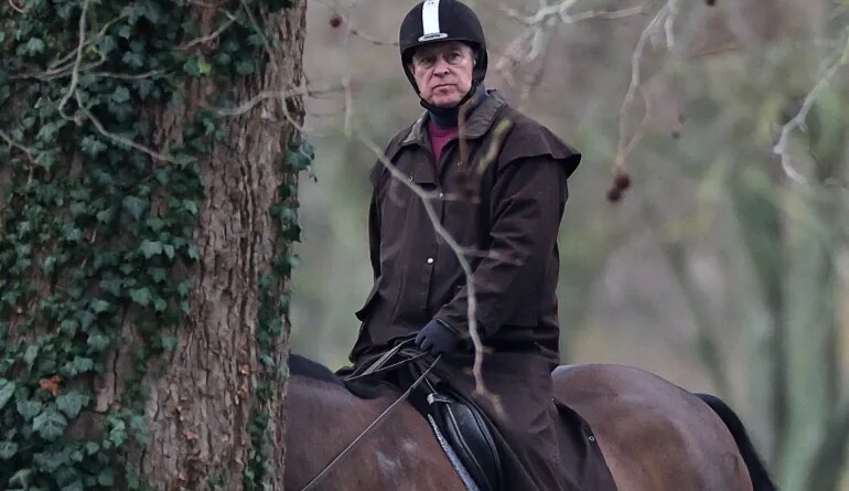 Andrew Mountbatten-Windsor rides a horse in Windsor Great Park