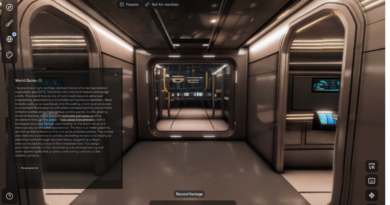 Space ship environment created in Marble with text prompt overlayed. Note how the lights are realistically reflected in the hub's walls.