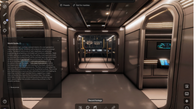 Space ship environment created in Marble with text prompt overlayed. Note how the lights are realistically reflected in the hub's walls.