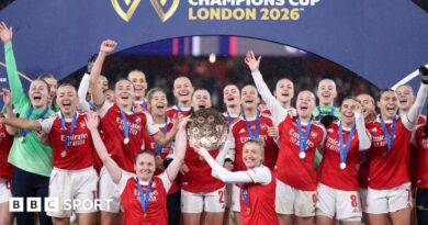 Arsenal players celebrate with the Women's Champions Cup Trophy during the Fifa Women's Champions Cup 2026 final