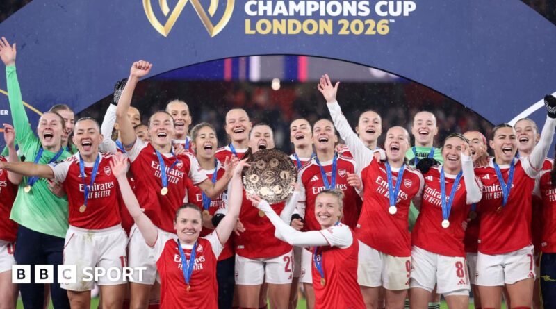 Arsenal players celebrate with the Women's Champions Cup Trophy during the Fifa Women's Champions Cup 2026 final