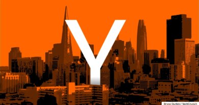 Large white "Y" overlaid on an orange-tinted skyline of San Francisco