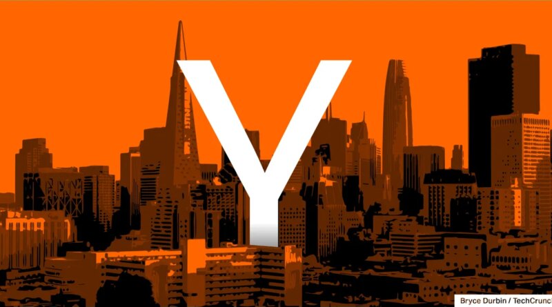 Large white "Y" overlaid on an orange-tinted skyline of San Francisco