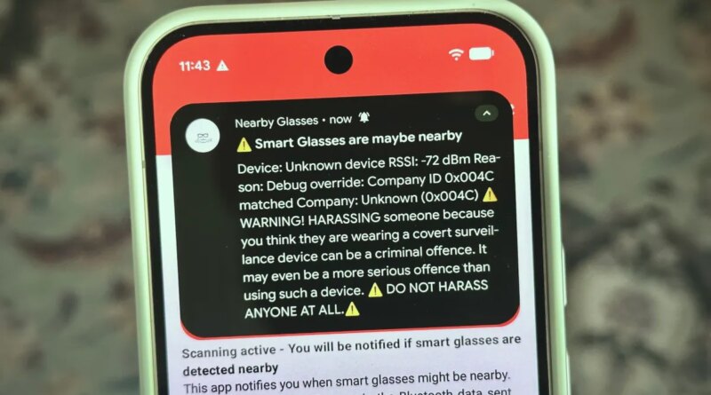 a photo showing the Nearby Glasses app and an alert notification on an Android device