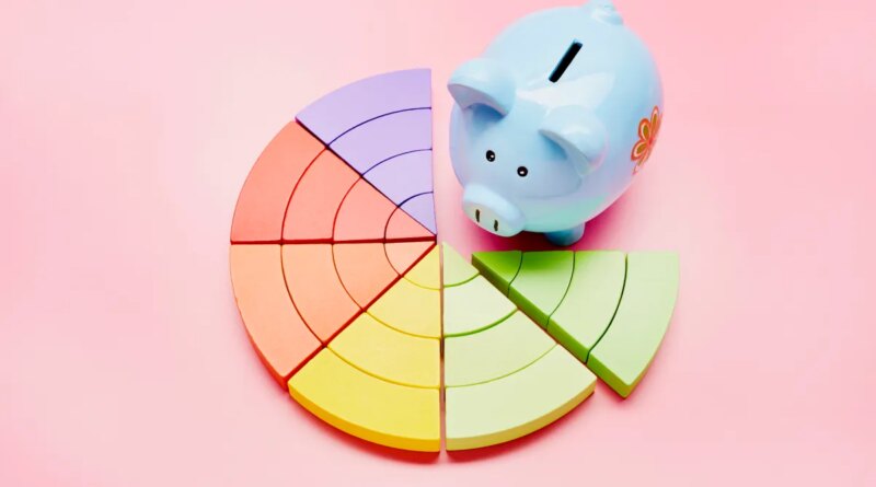 High angle view of a piggy bank and colorful pie chart on pink background; cash flow analysis