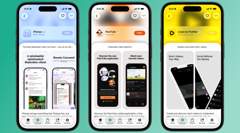 AltStore PAL on three smartphone screens