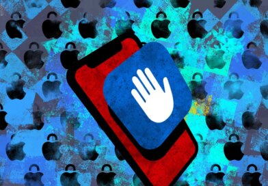 an illustration of a blue Lockdown Mode icon on a red phone on a blue background featuring Apple logos with padlocks.