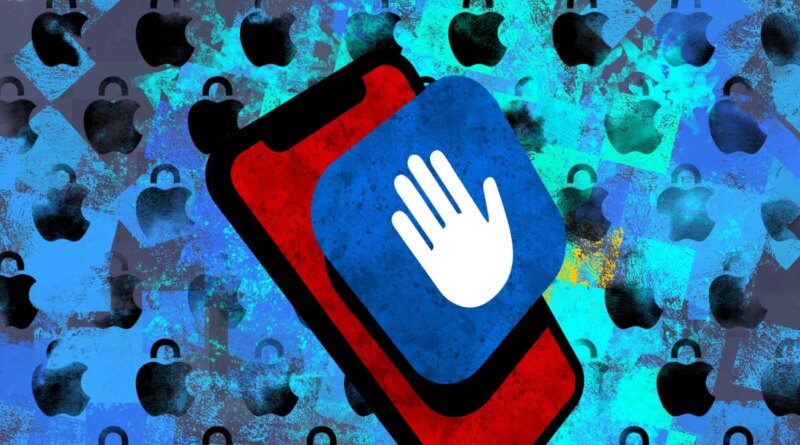 an illustration of a blue Lockdown Mode icon on a red phone on a blue background featuring Apple logos with padlocks.
