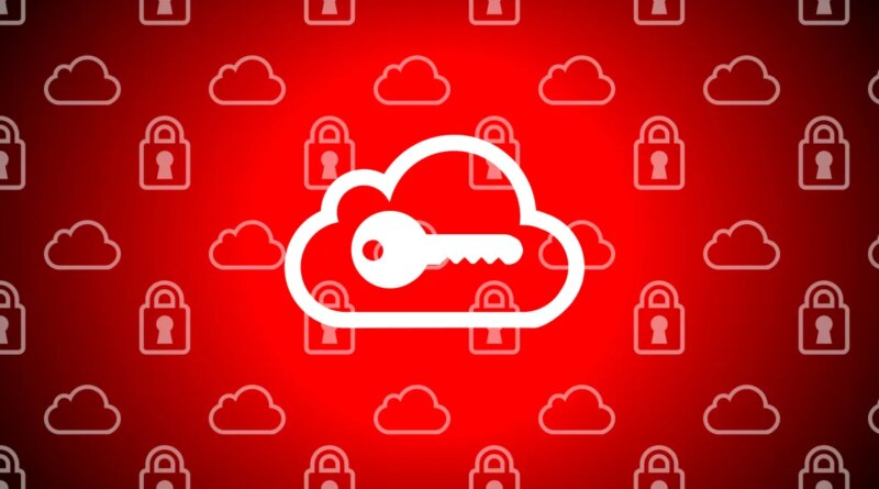 An illustration of a key over a cloud icon, background of cloud and lock icons.