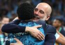 Pep Guardiola hugs his players