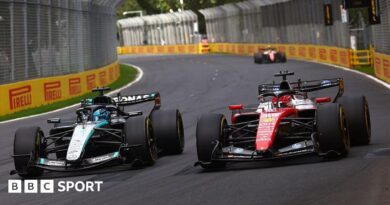 Charles Leclerc and George Russell side by side as they battle for the lead of the lead of the Australian Grand Prix
