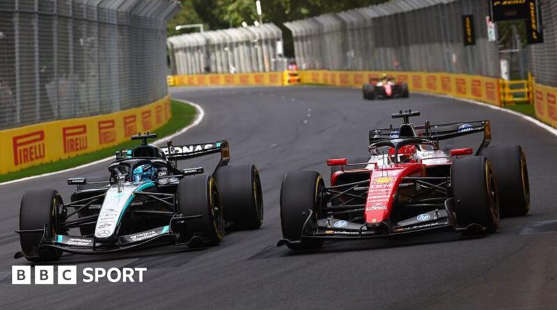 Charles Leclerc and George Russell side by side as they battle for the lead of the lead of the Australian Grand Prix